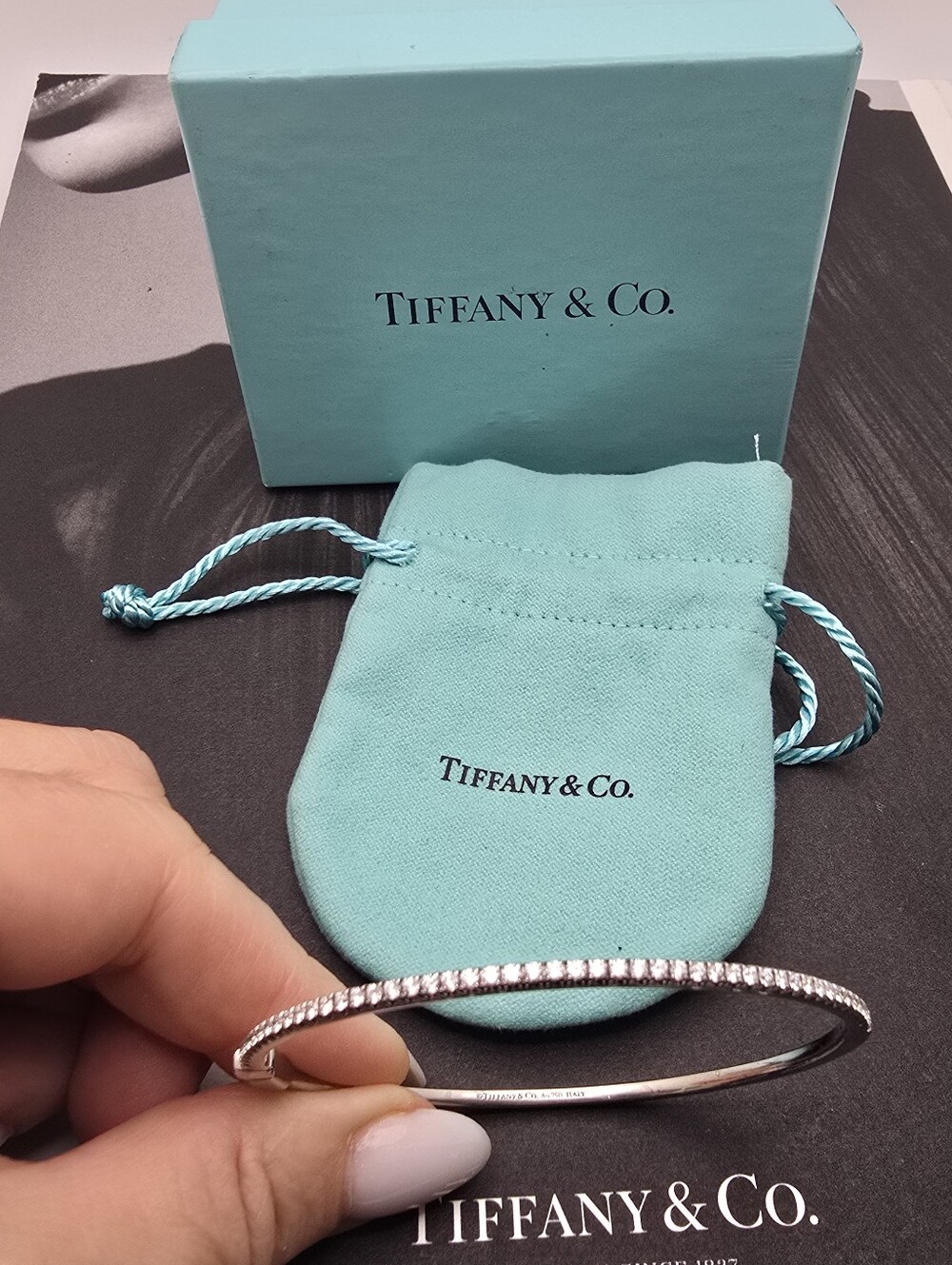 Authentic Tiffany Co 18 White Gold Half circle Diamond Hinged Metro Bracelet
